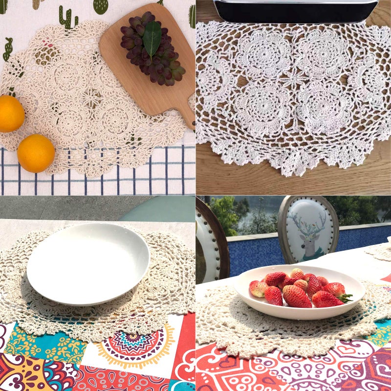 Phantomon Lace Doilies Handmade Crochet Placemats Cotton Doilies Cloth Lace, Pack of 4, Oval Shape, 12 x 17 inch (Beige) - Image 5